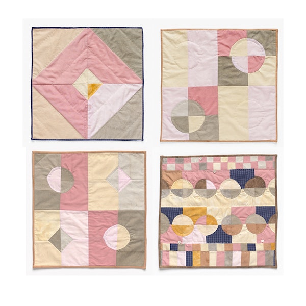 Anna Farago, Soft Paintings (1-4) 2019, worn clothing and naturally dyed cotton (onion skin, tea leaves, iron, sheoak leaves, eucalyptus leaves and bark), 45.0 x 45.0 cm. Copyright the artist. Anna Farago, Soft Paintings (1-4) 2019, worn clothing and naturally dyed cotton (onion skin, tea leaves, iron, sheoak leaves, eucalyptus leaves and bark), 45.0 x 45.0 cm. Copyright the artist.