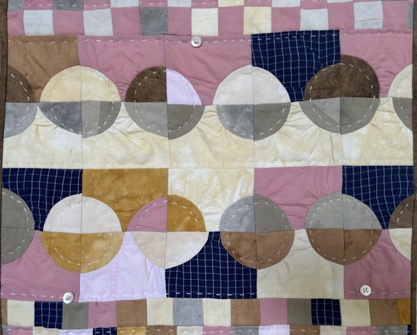 Anna Farago, Soft Paintings (1-4) 2019, worn clothing and naturally dyed cotton (onion skin, tea leaves, iron, sheoak leaves, eucalyptus leaves and bark), 45.0 x 45.0 cm. Copyright the artist. Anna Farago, Soft Paintings (1-4) 2019, worn clothing and naturally dyed cotton (onion skin, tea leaves, iron, sheoak leaves, eucalyptus leaves and bark), 45.0 x 45.0 cm. Copyright the artist.