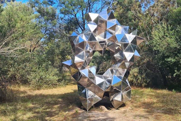 Kregar, Gregor. 2012. Reflective Simulations. Stainless Steel. On Loan. Collection of McClelland Sculpture Park + Gallery. Photo Rachel Isaacs Kregar, Gregor. 2012. Reflective Simulations. Stainless Steel. On Loan. Collection of McClelland Sculpture Park + Gallery. Photo Rachel Isaacs