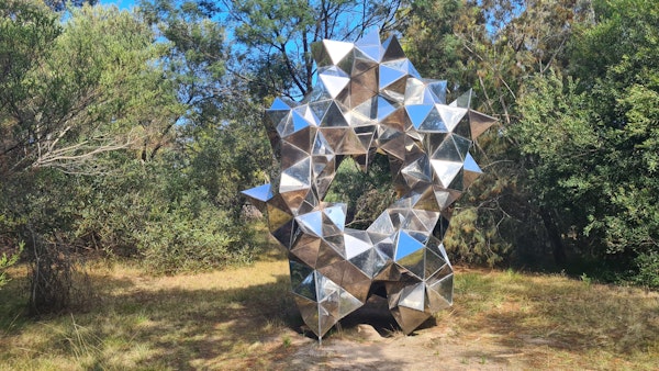 Kregar, Gregor. 2012. Reflective Simulations. Stainless Steel. On Loan. Collection of McClelland Sculpture Park + Gallery. Photo Rachel Isaacs Kregar, Gregor. 2012. Reflective Simulations. Stainless Steel. On Loan. Collection of McClelland Sculpture Park + Gallery. Photo Rachel Isaacs