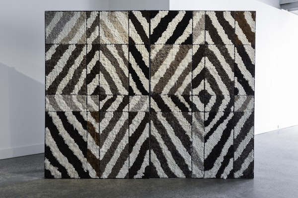Sanné Mestrom, Black painting III, 2014, unspun undyed woolen tapestry, steel, 200 x 250 cm. Photo Christian Capurro. Sanné Mestrom, Black painting III, 2014, unspun undyed woolen tapestry, steel, 200 x 250 cm. Photo Christian Capurro.