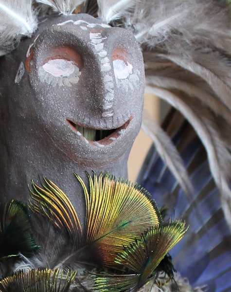 Lisa Waup, <em>Ancestors</em>, 2018 (detail), two cloaked figures: feathers, ceramic, glaze, digital print on cotton rag, cotton, copper wire, birds feet and metal stands, 41 x 28 x 50 cm each; two winged figures: feathers, ceramic, glaze, oaten hay, fibre, birds wings, wool, cotton, 30 x 30 x 20 cm. Purchased through the Elisabeth Murdoch Sculpture Fund 2018. Copyright the artist. Lisa Waup, <em>Ancestors</em>, 2018 (detail), two cloaked figures: feathers, ceramic, glaze, digital print on cotton rag, cotton, copper wire, birds feet and metal stands, 41 x 28 x 50 cm each; two winged figures: feathers, ceramic, glaze, oaten hay, fibre, birds wings, wool, cotton, 30 x 30 x 20 cm. Purchased through the Elisabeth Murdoch Sculpture Fund 2018. Copyright the artist.