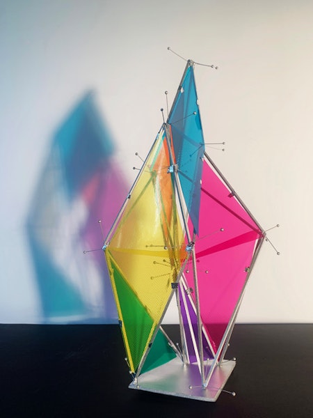 Kerrie Poliness. Colour Figure 1 2020. balsa wood, spray enamel, dress-maker’s pins, silver tape and coloured plastic. Courtesy the artist and Anna Schwartz Gallery Kerrie Poliness. Colour Figure 1 2020. balsa wood, spray enamel, dress-maker’s pins, silver tape and coloured plastic. Courtesy the artist and Anna Schwartz Gallery