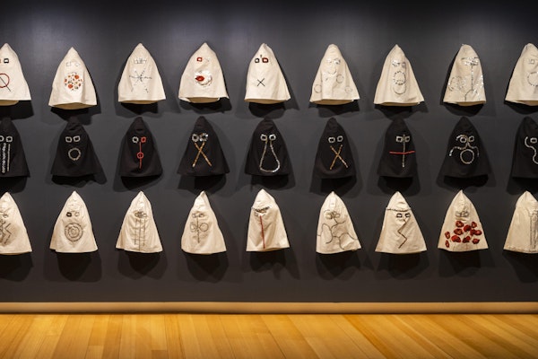 Fiona Foley, <em>Hunted III</em>, 2021, mixed media. Installation view, QUT Art Museum, Brisbane, 2021. Courtesy the artist and Andrew Baker Art Dealer, Brisbane. Photo Louis Lim. Fiona Foley, <em>Hunted III</em>, 2021, mixed media. Installation view, QUT Art Museum, Brisbane, 2021. Courtesy the artist and Andrew Baker Art Dealer, Brisbane. Photo Louis Lim.