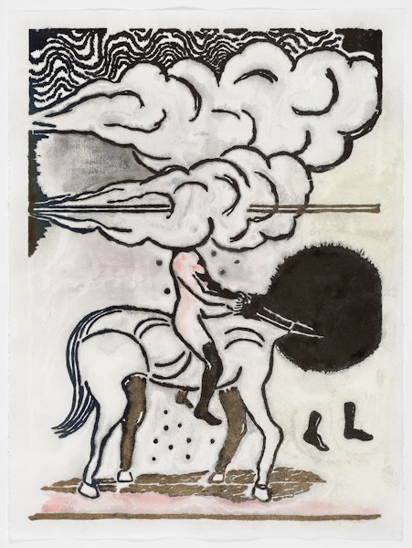Benjamin Armstrong, Leichhardt's Arrival, 2018, linocut, dye, ink, coloured pigment, iridescent pigment, 76.5 x 57.0 cm. McClelland Collection. Benjamin Armstrong, Leichhardt's Arrival, 2018, linocut, dye, ink, coloured pigment, iridescent pigment, 76.5 x 57.0 cm. McClelland Collection.