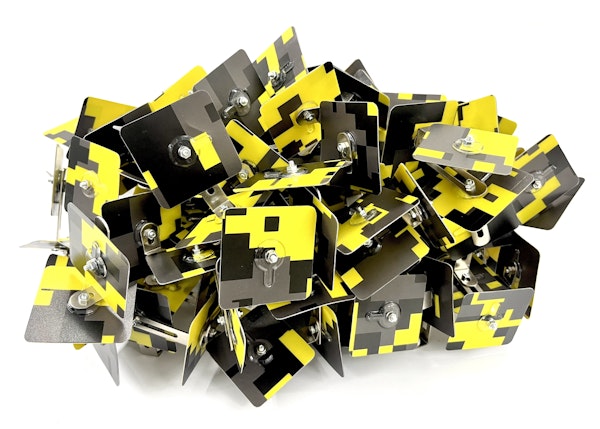 Mark Booth, AGGLOMERATION (digi camo) 2025, steel, plastic, vinyl wrap, 25 x 49 x 37 cm. Courtesy of the artist Mark Booth, AGGLOMERATION (digi camo) 2025, steel, plastic, vinyl wrap, 25 x 49 x 37 cm. Courtesy of the artist