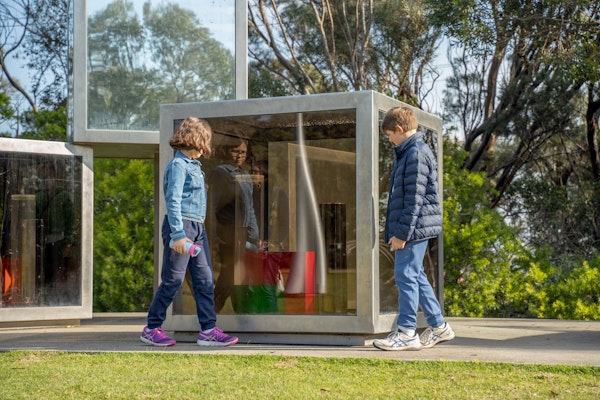 Visitors with Ken Reinhard's 'Marland House sculpture' 1970-72/2004. Visitors with Ken Reinhard's 'Marland House sculpture' 1970-72/2004.